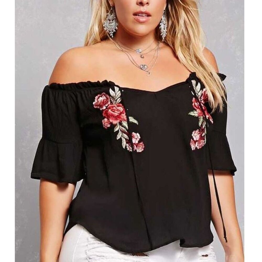 Always Indigo Womens Blouse Plus Size 3X Black Floral Rose Boho Peasant Boho‎